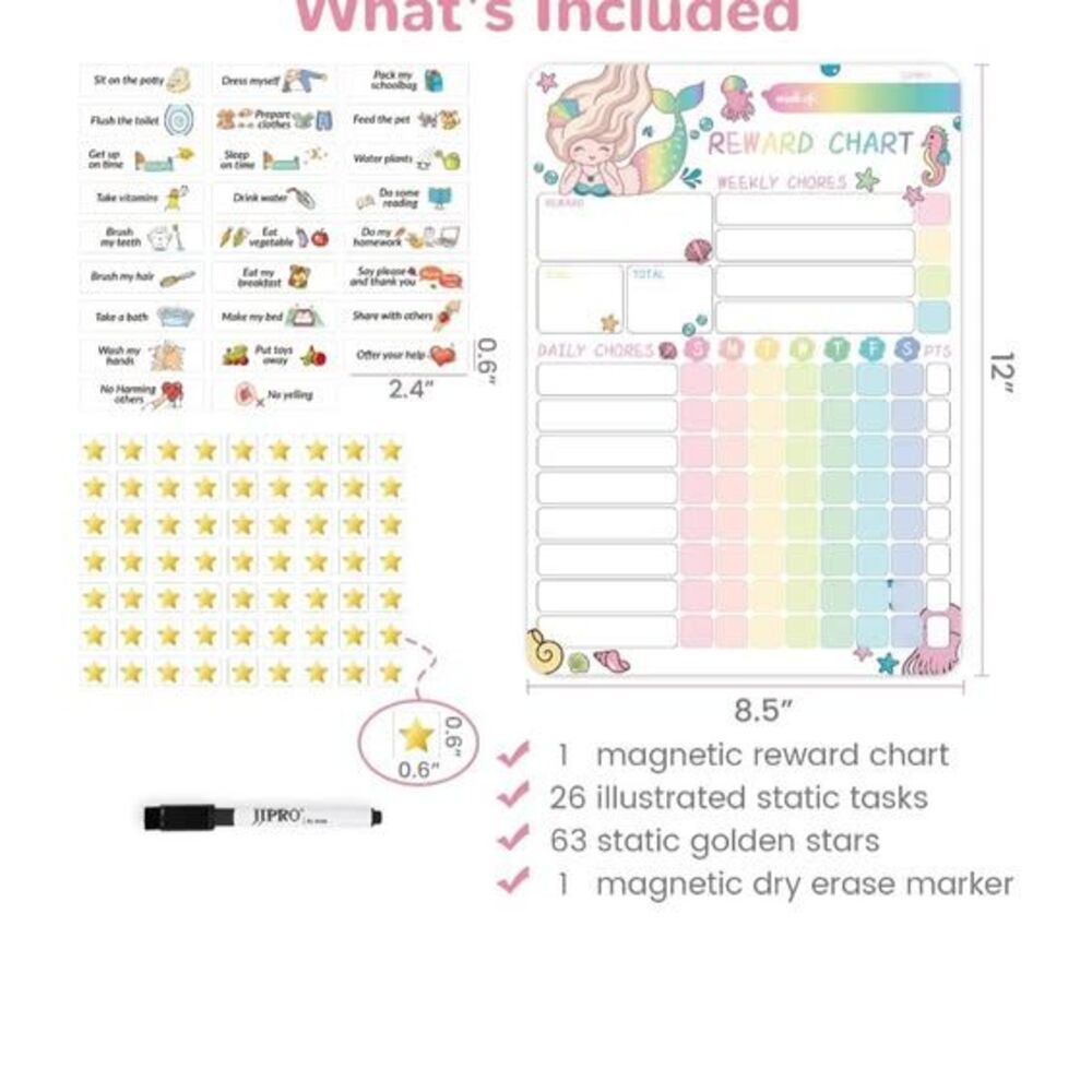 Magnetic reward chart features a colorful mermaid theme approx. 8.5" x 12"